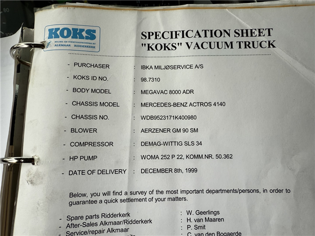Mercedes Actros 4140 8x4 KOKS MEGAVAC 8000 ADR 13.500 l. Tørsuger